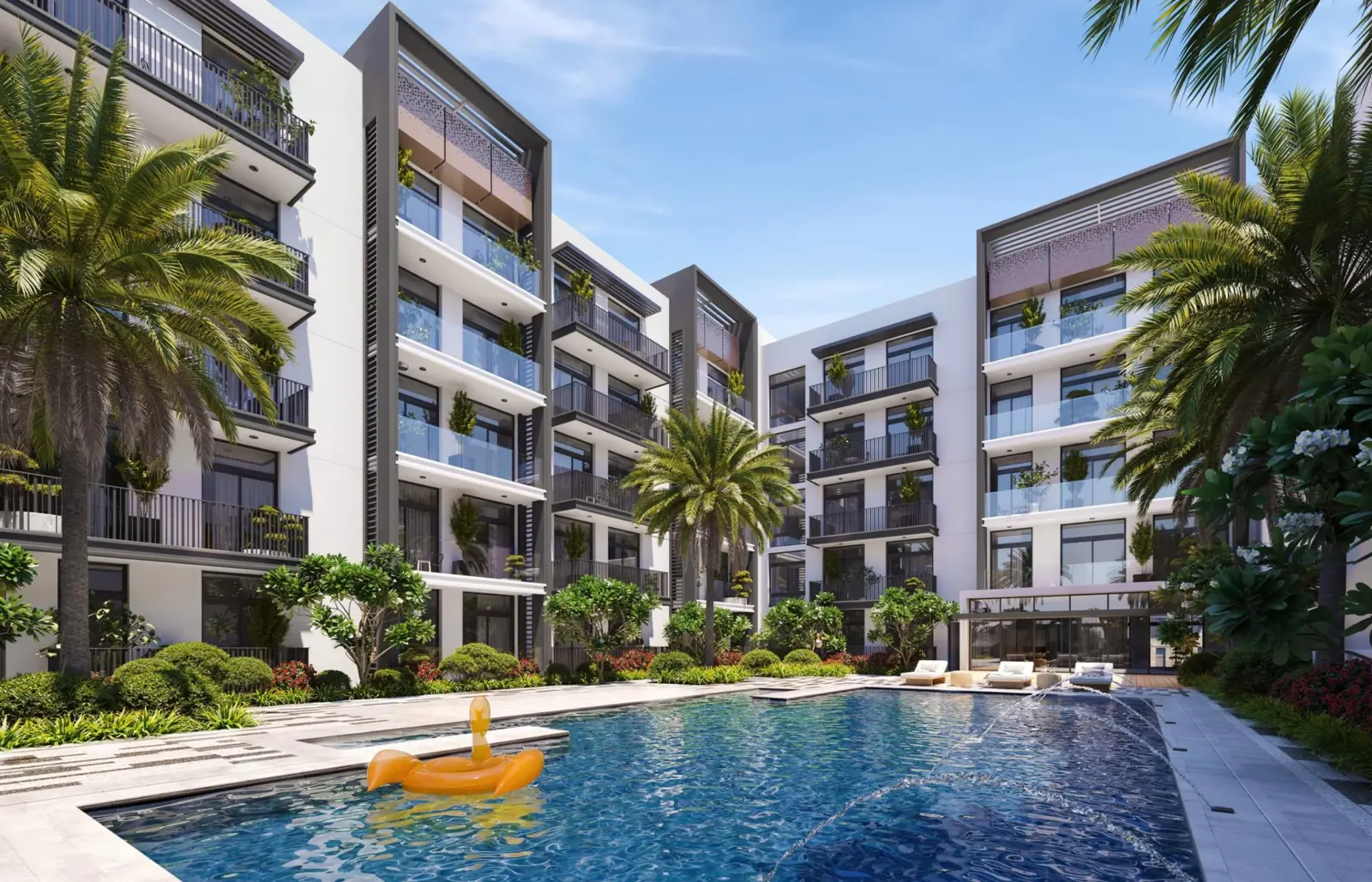 Tower facade above the pool with palms