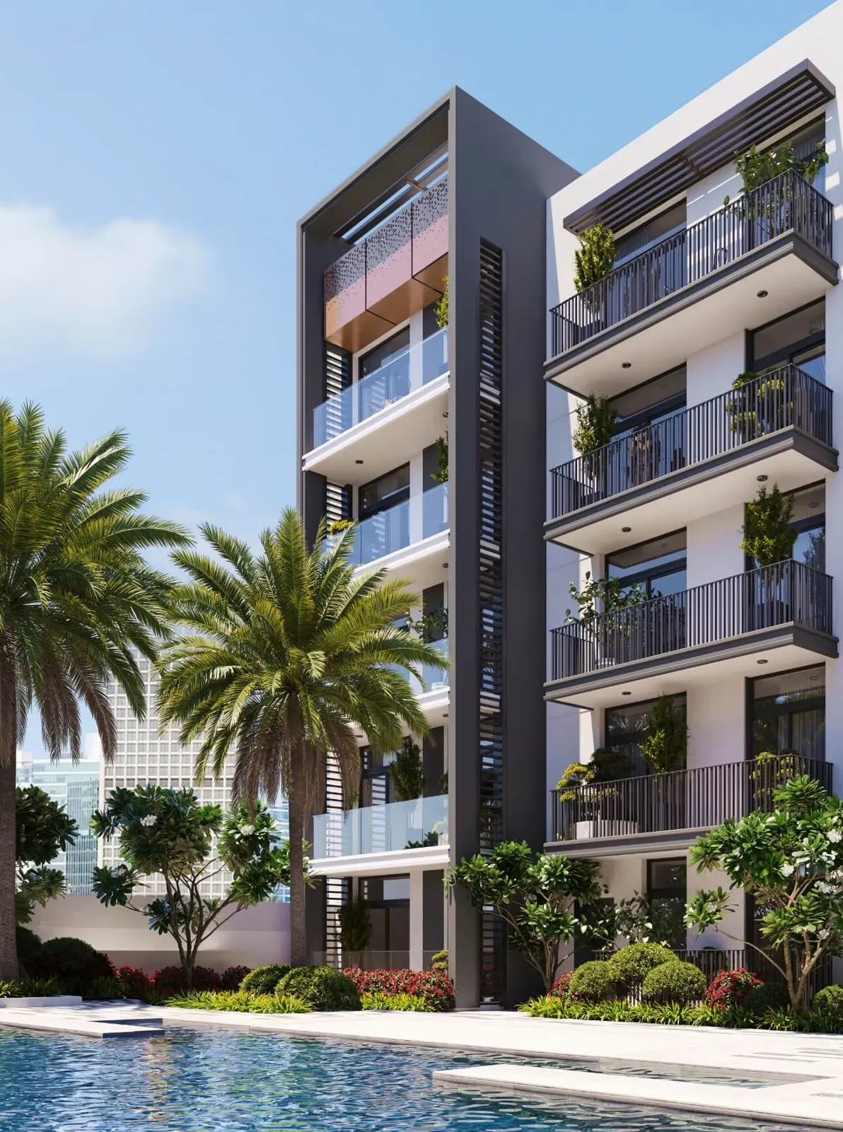Tower balconies beside the pool