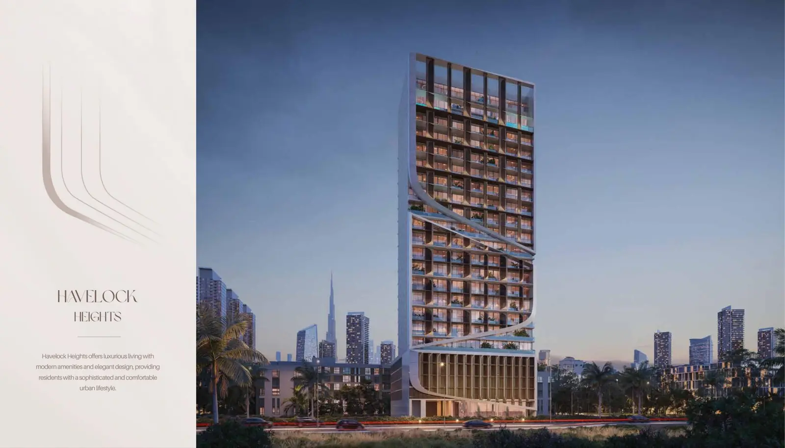 Full tower at dusk with curved facade bands