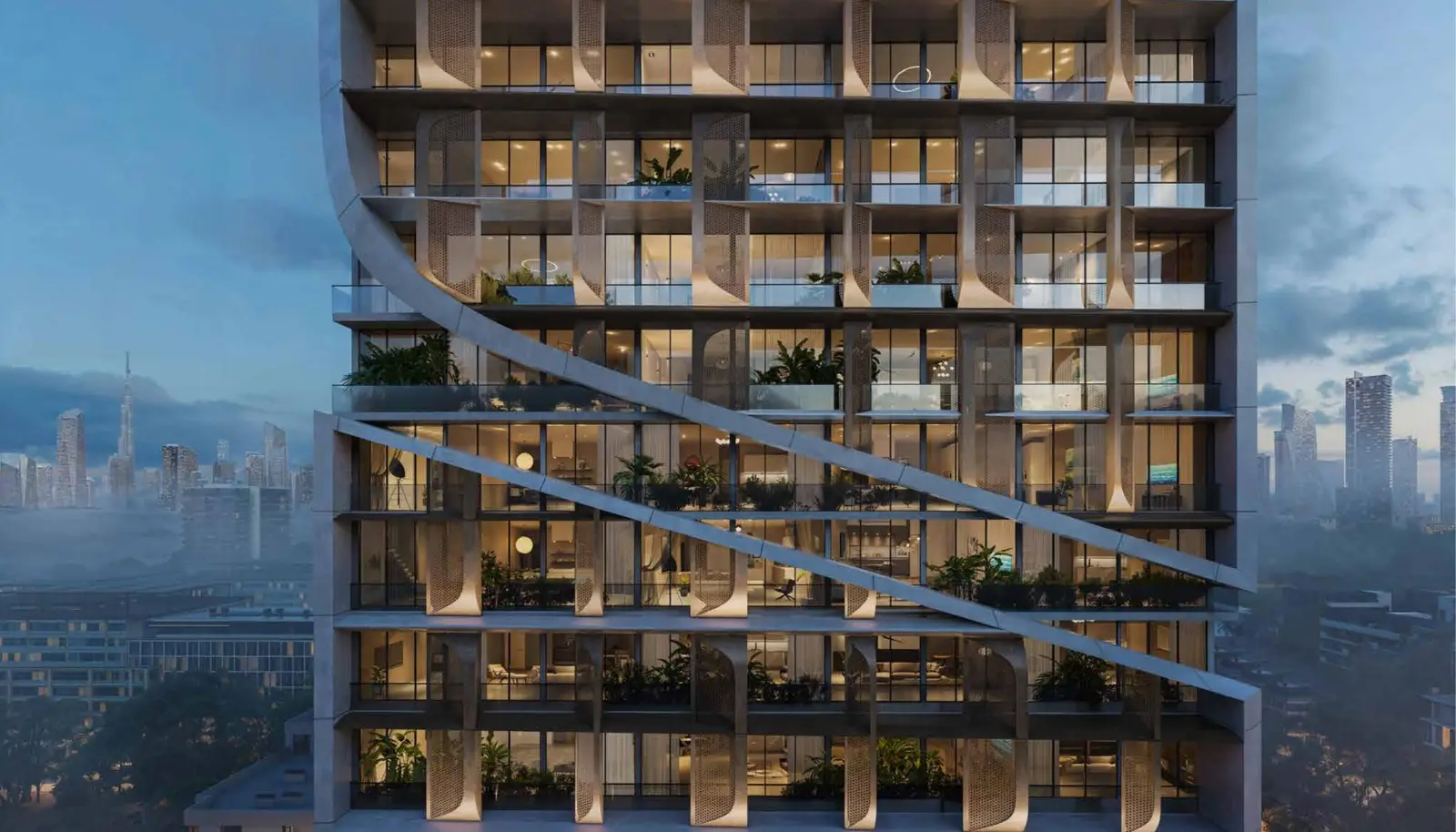 Close view of the curved ribbon facade