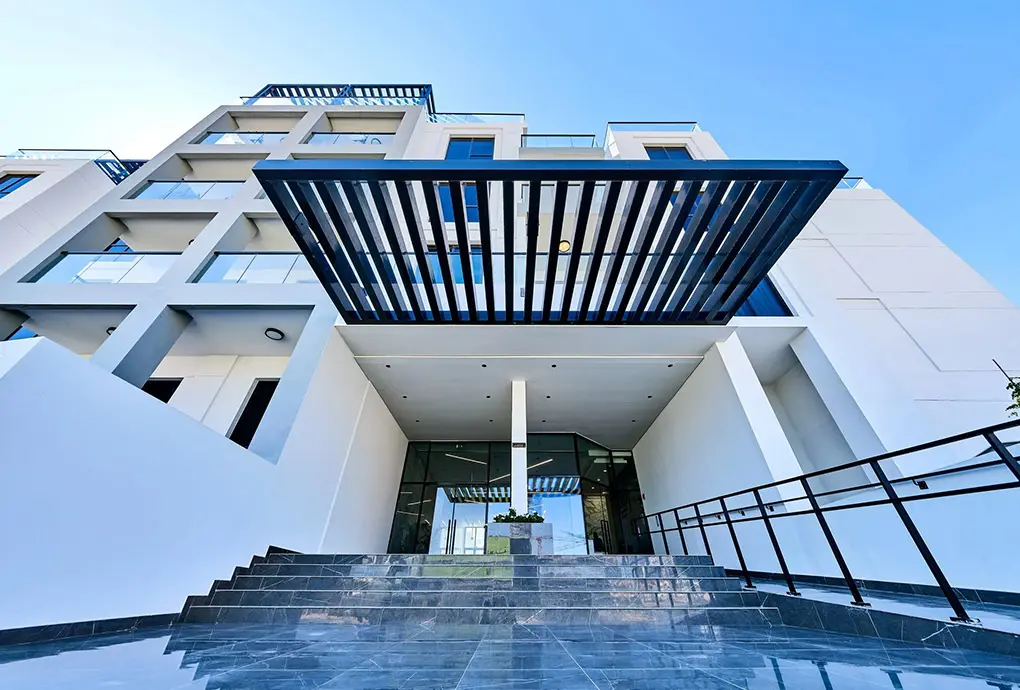 Entrance canopy and steps of the apartment building
