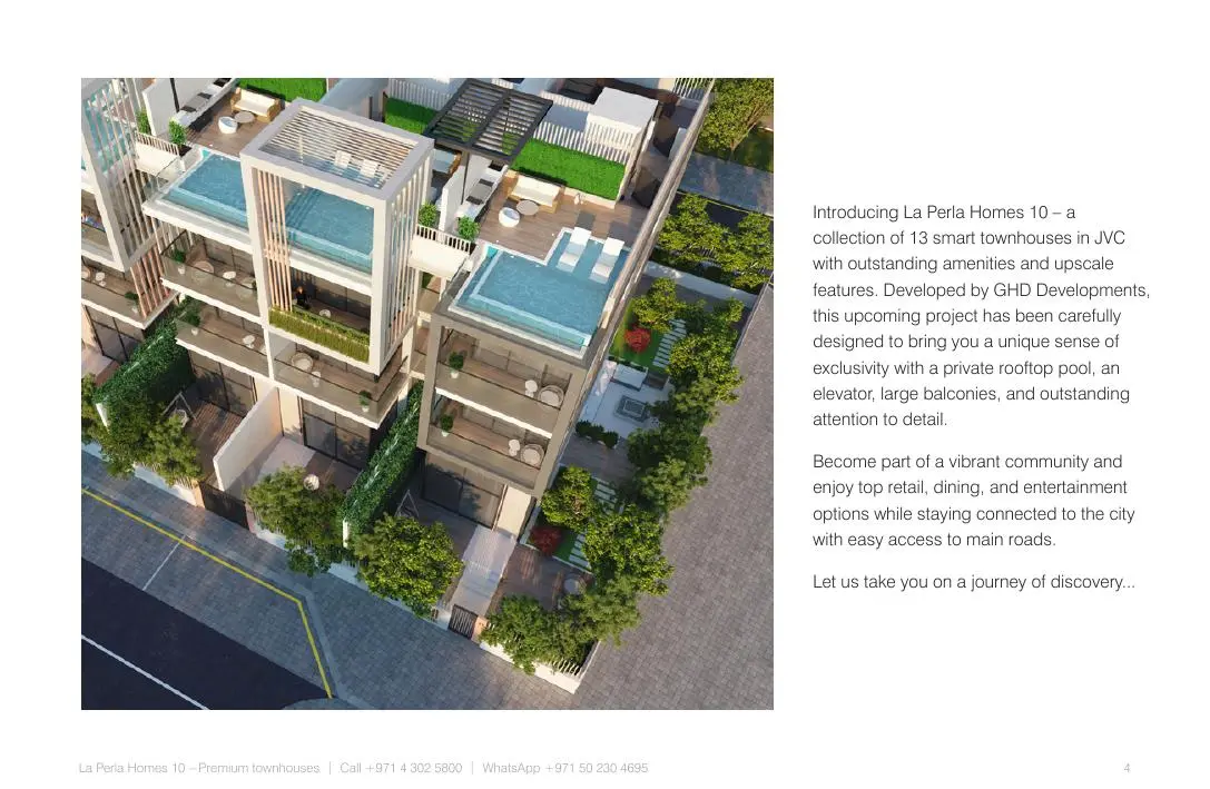 Aerial view of townhouses with rooftop pools