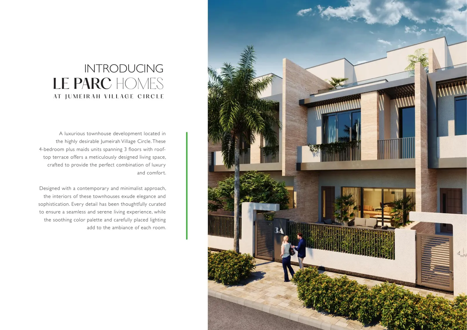 Street view of the townhouse facades with palm