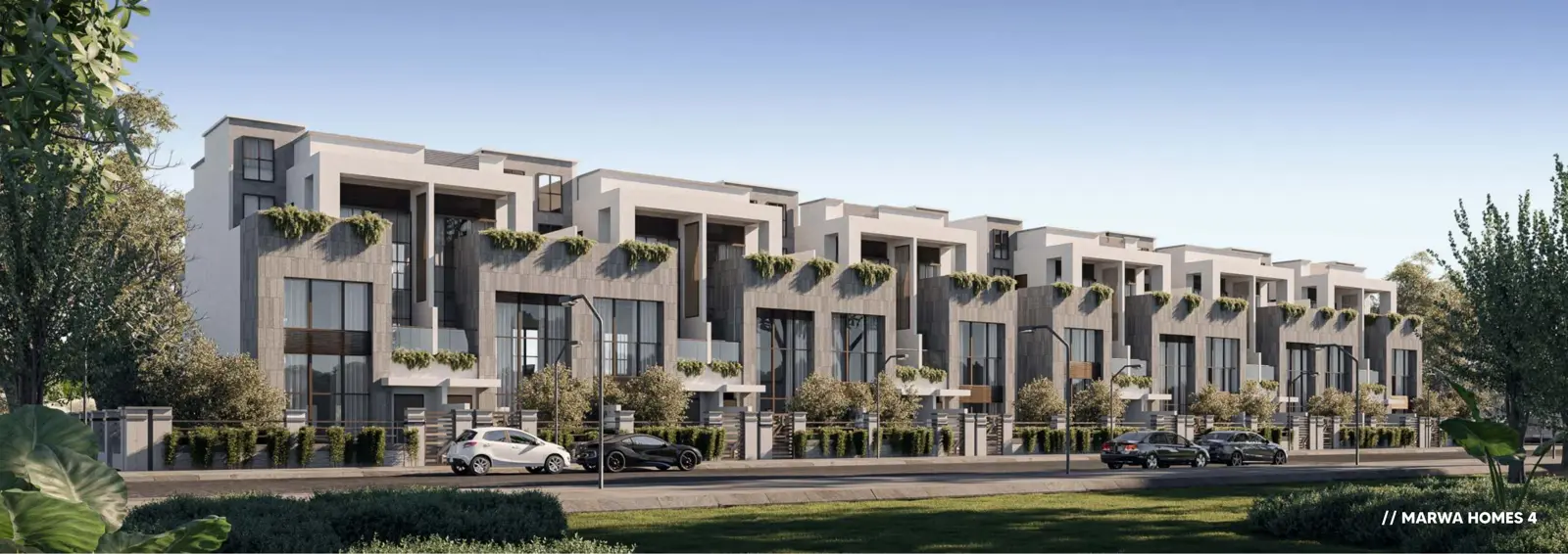 Row of townhouses with planted balconies