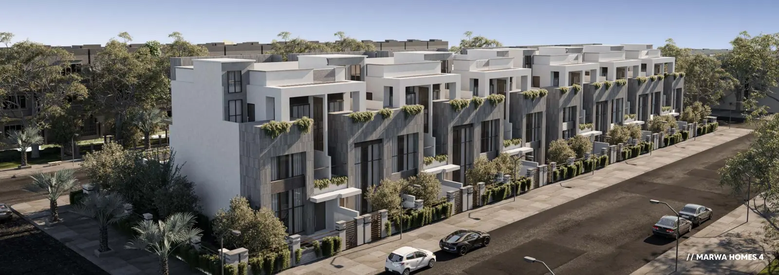 Aerial view of townhouse rows along a street