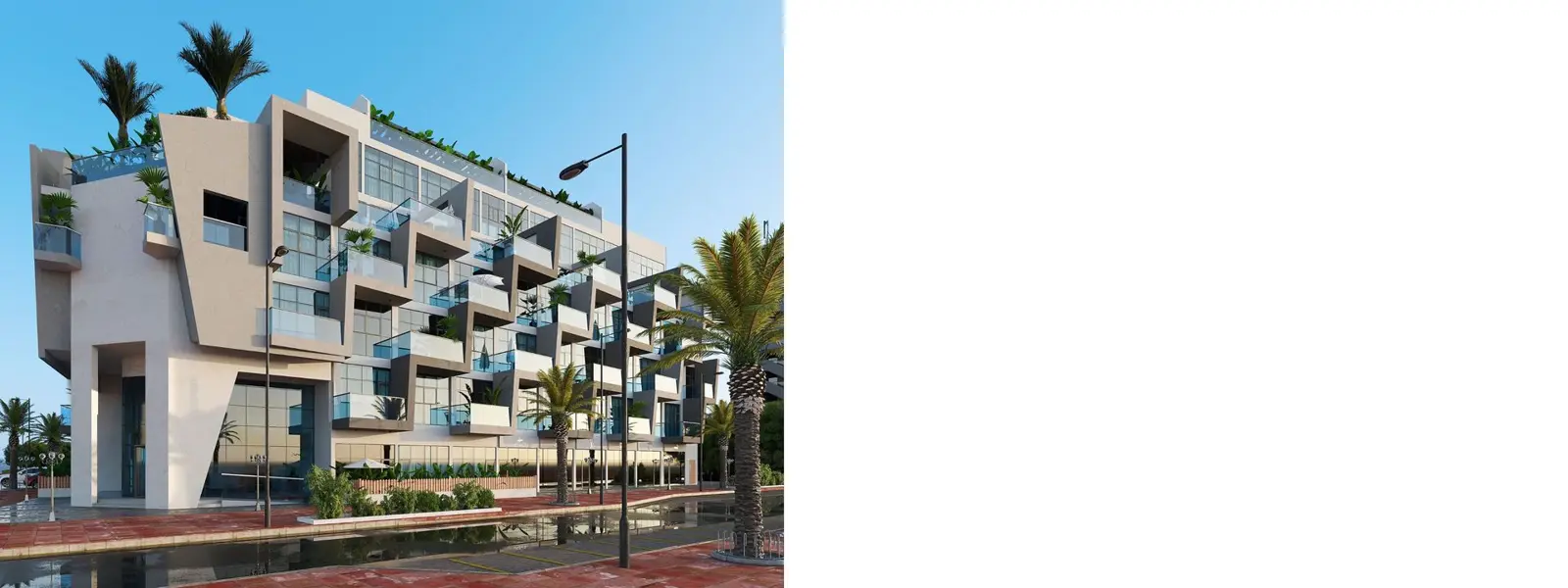 Stepped balcony facade by day