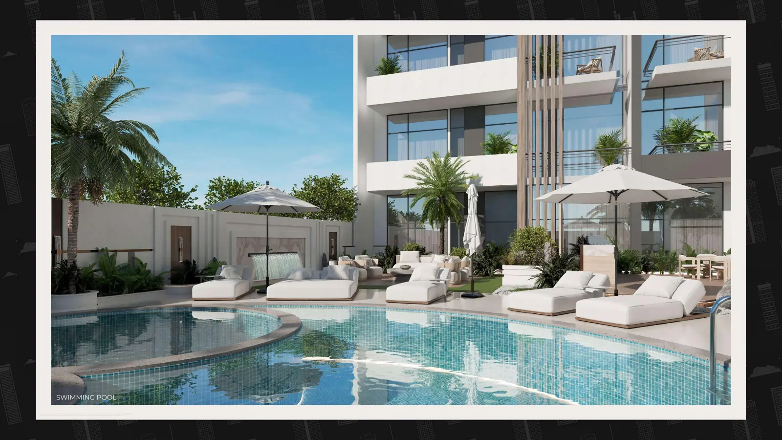 Swimming pool with loungers and water feature