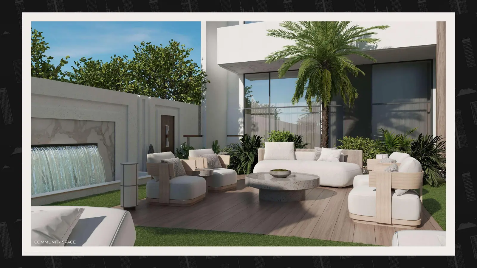 Community seating area with waterfall wall
