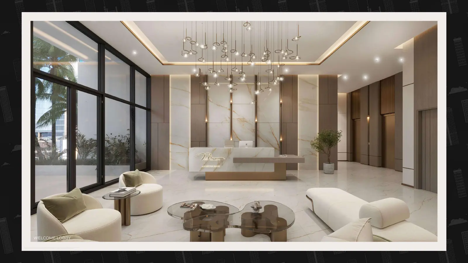 Welcome lobby with marble reception desk