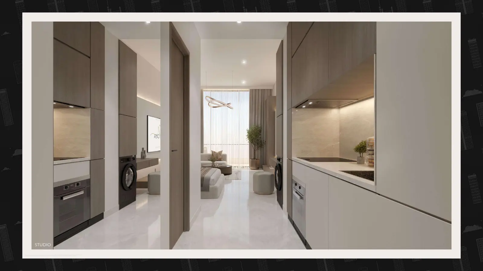 Studio with kitchen and living area