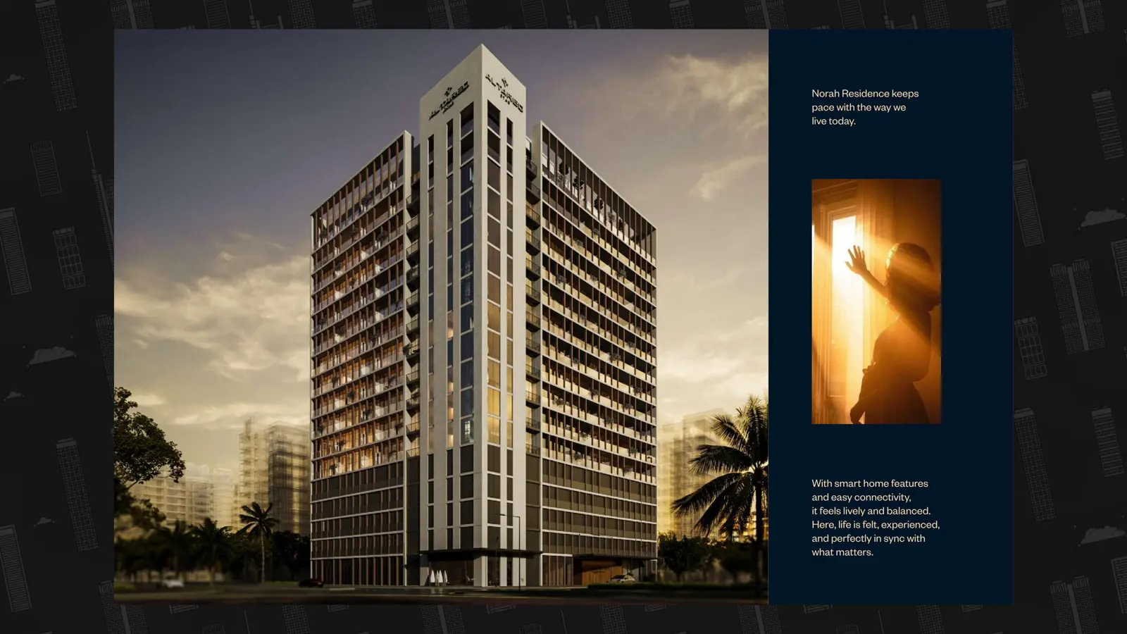 Tower facade at dusk with balconies