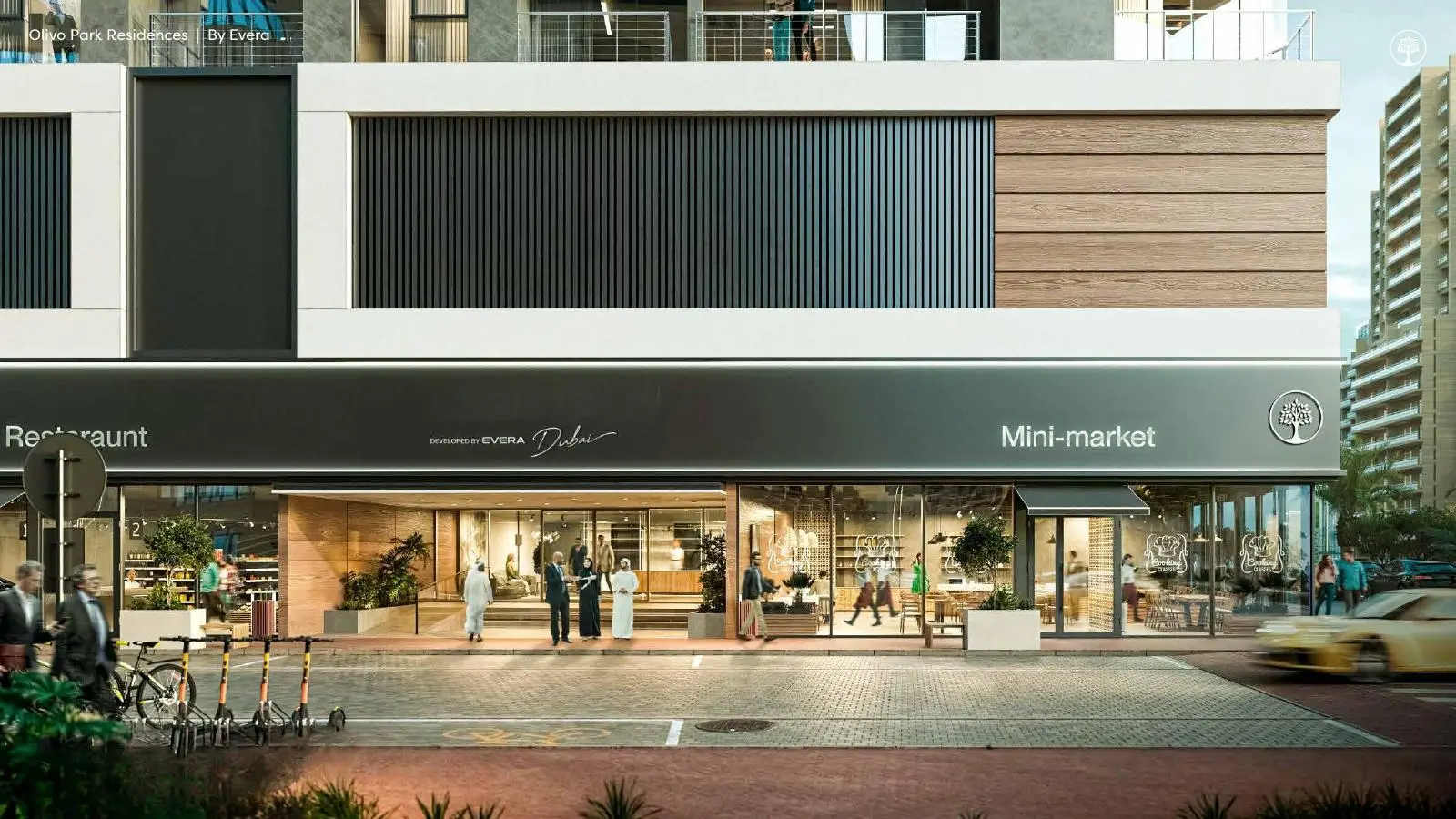 Ground-floor restaurant and mini-market frontage
