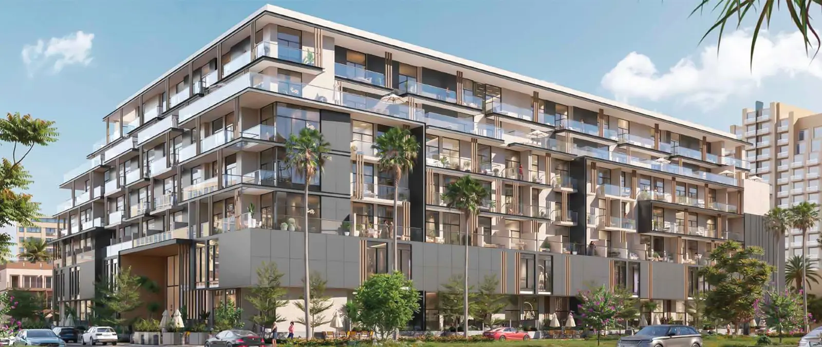 Wide view of the building with palm trees