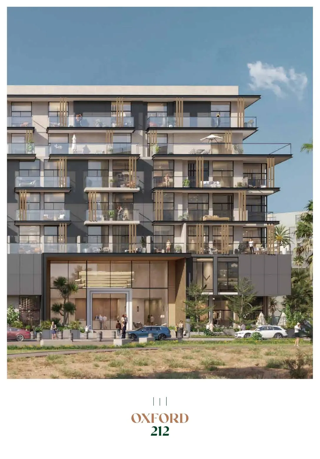 Building entrance and facade with balconies