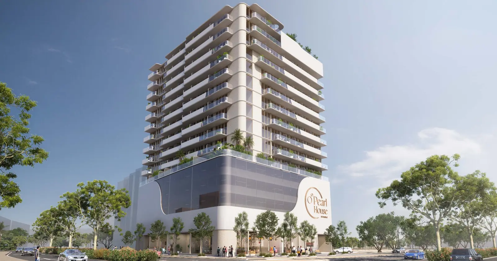 Full building with curved balconies and logo