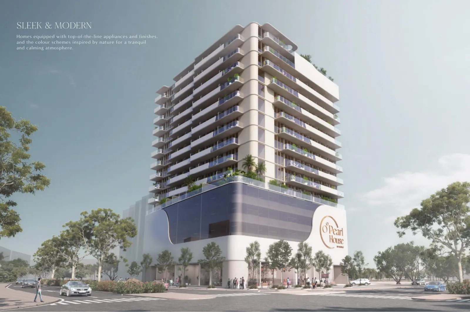 Full tower seen from street level with podium