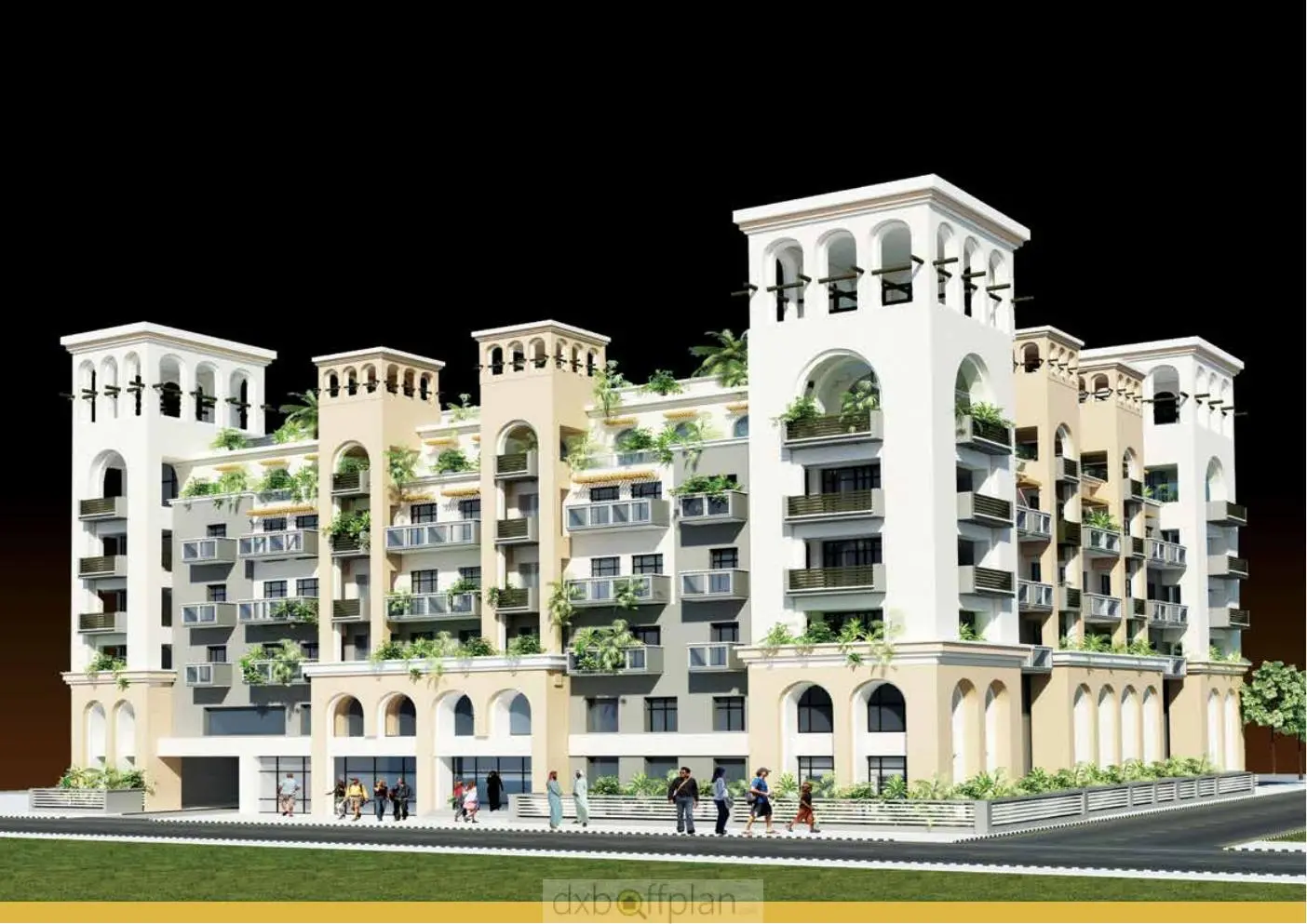 Night render of the Mediterranean-style building facade
