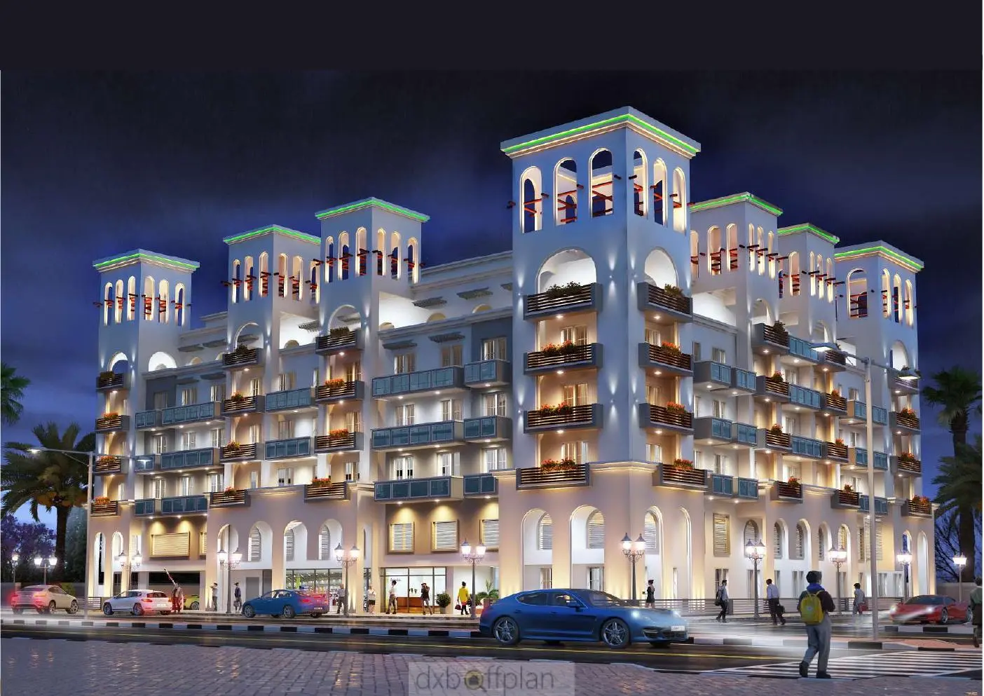 Night render of the lit building with street