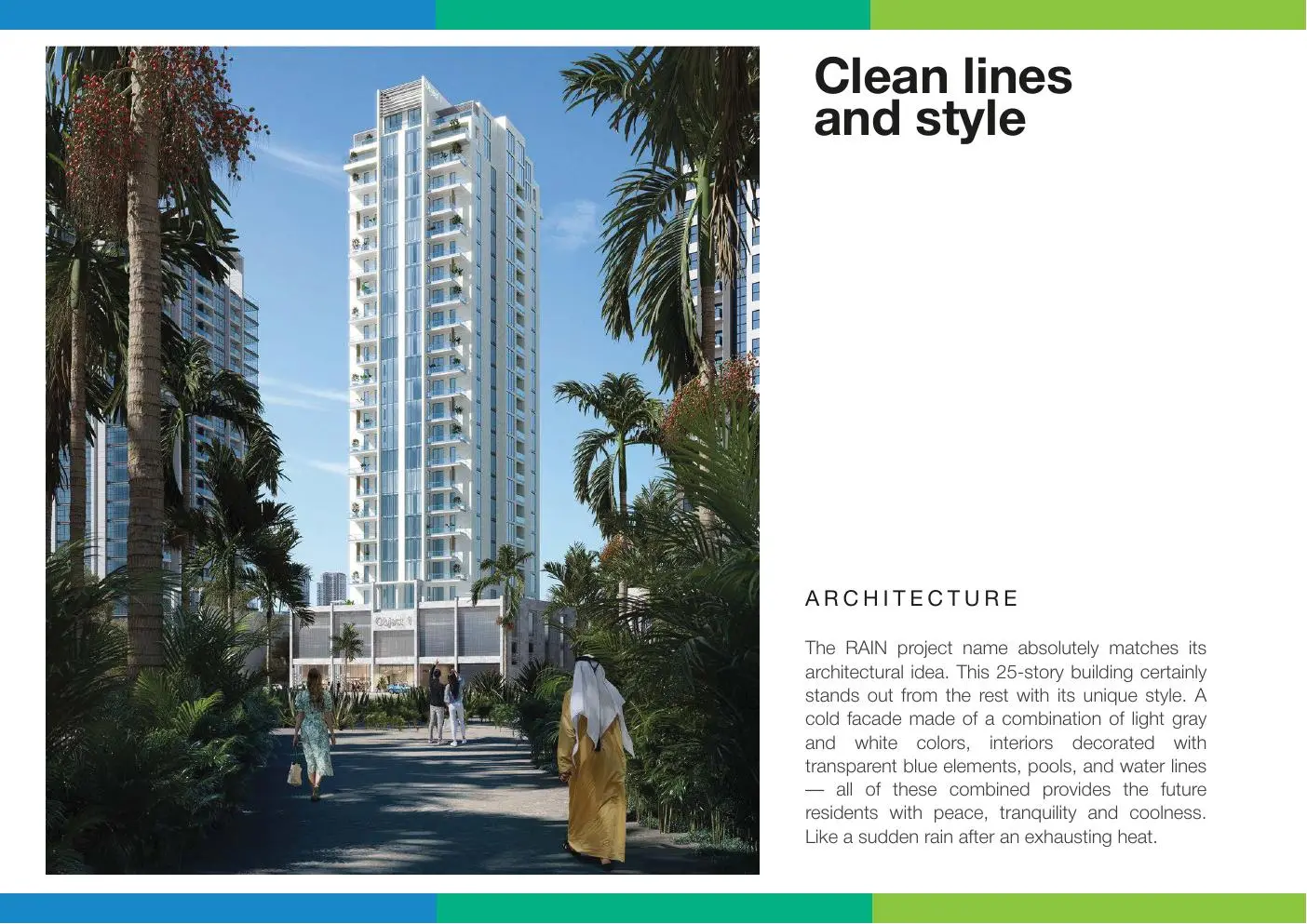 Full tower view among palms with architecture text