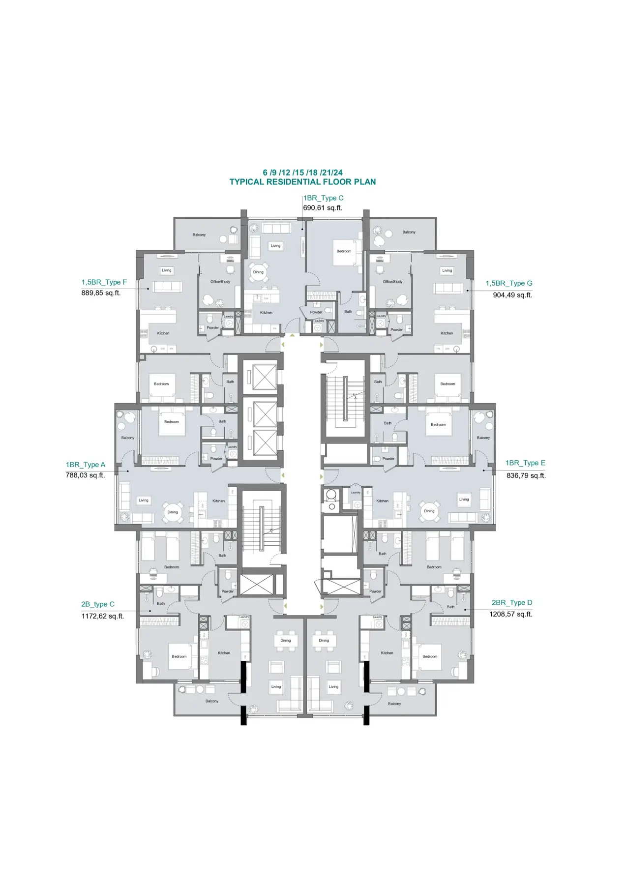 Typical residential floor plan, floors 6 to 24