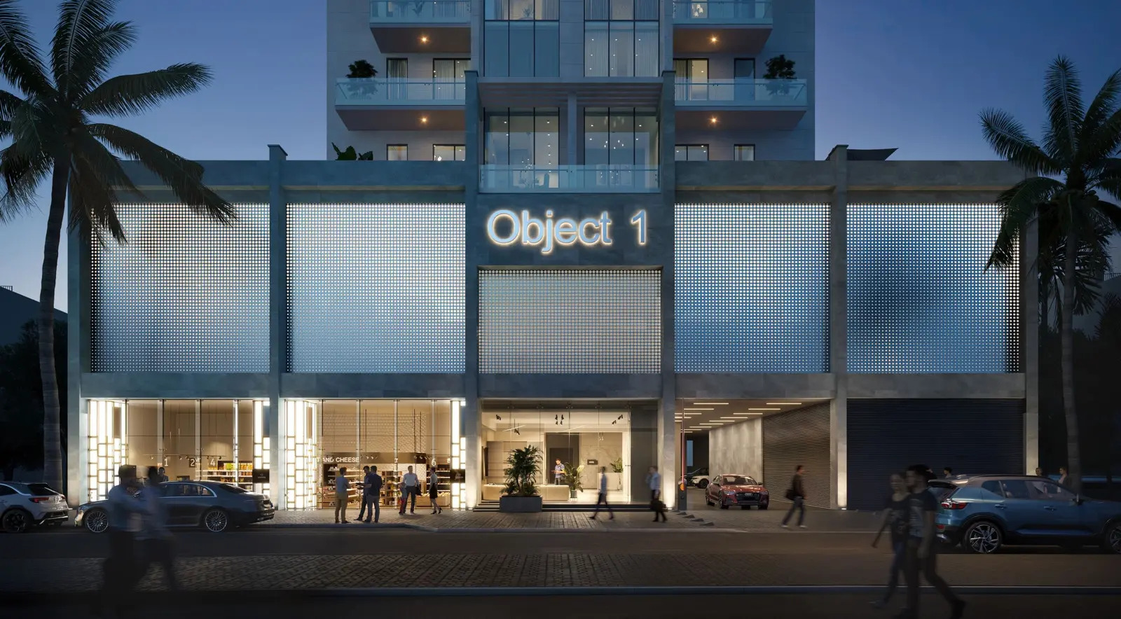 Tower base with shops and Object 1 sign at night