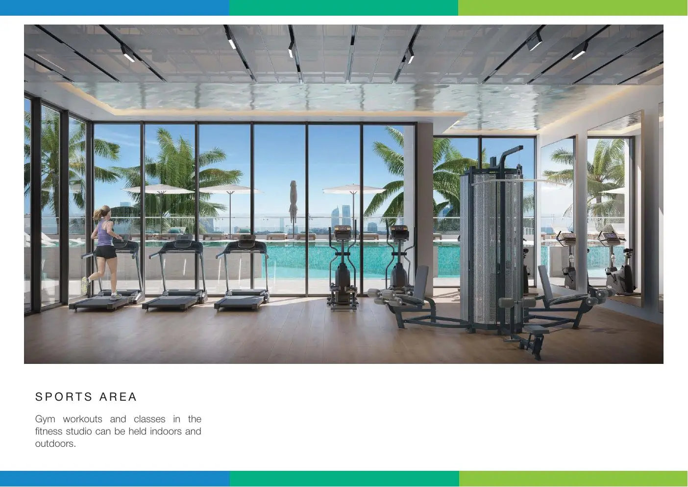 Gym with treadmills and a pool outside the windows