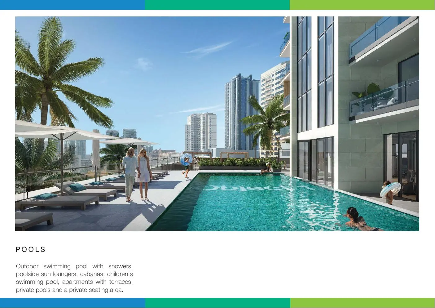 Outdoor pool with sun loungers beside the tower