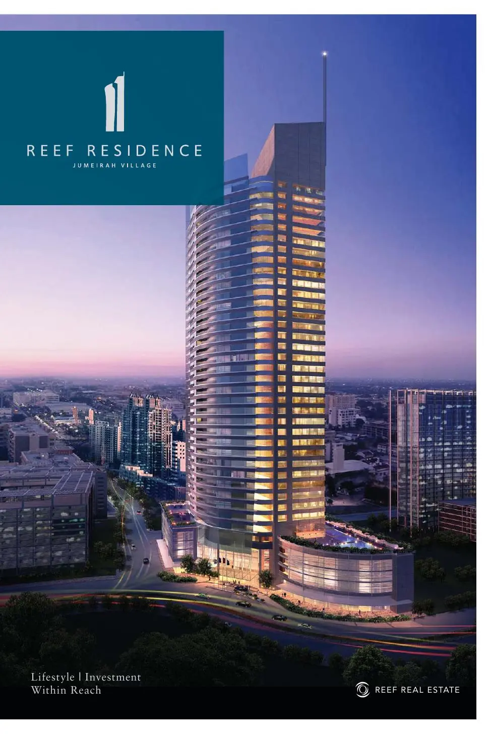 Tower at dusk with curved podium and pool deck