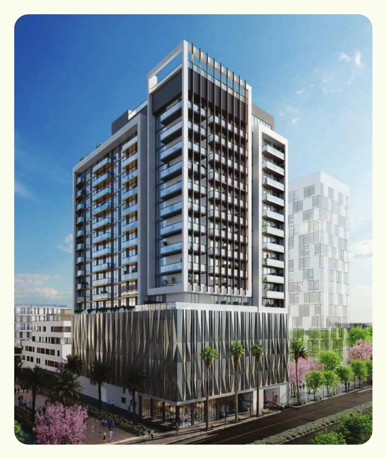 Tower facade with podium and street trees