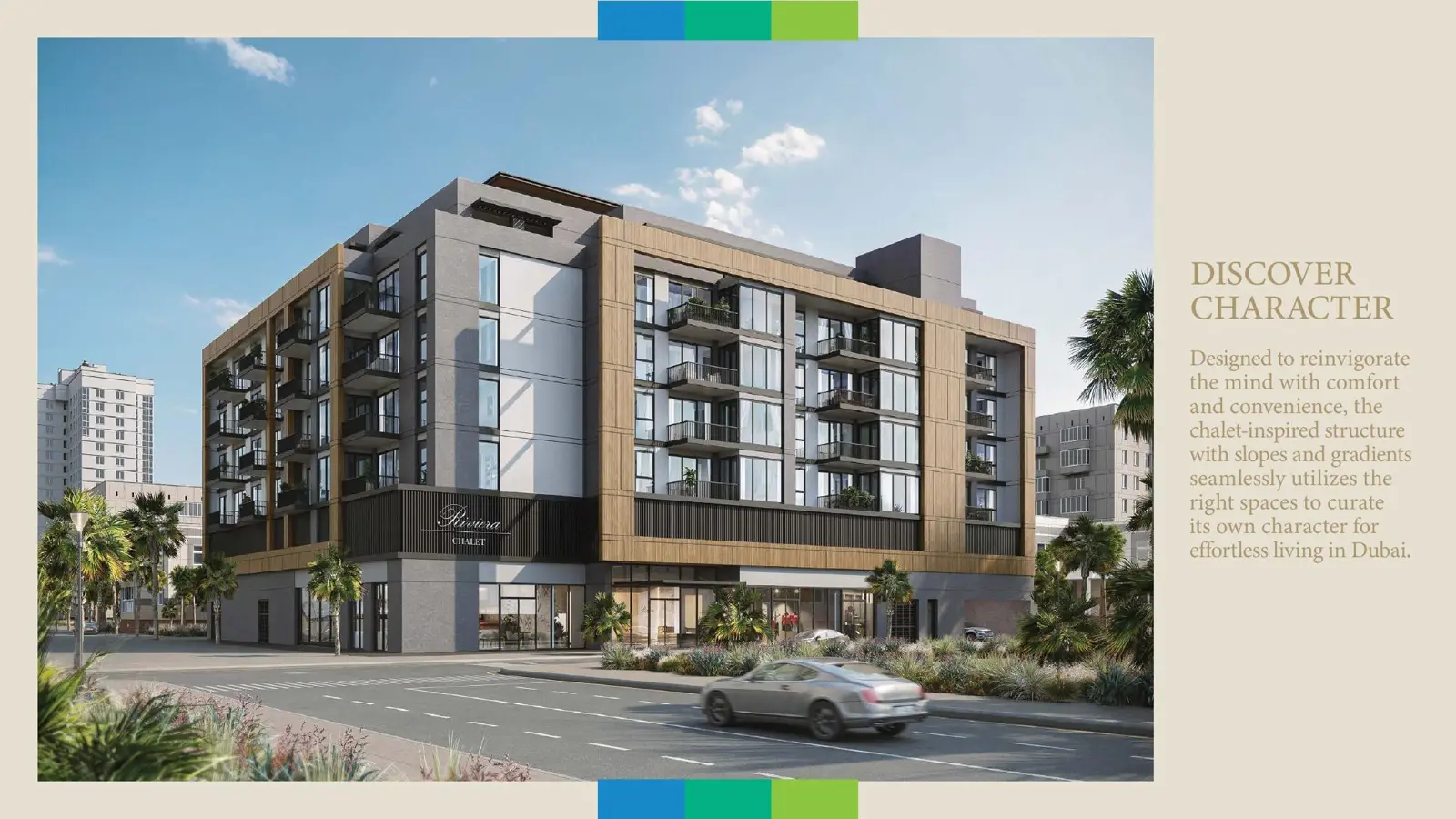 Street view of the chalet-style residential building