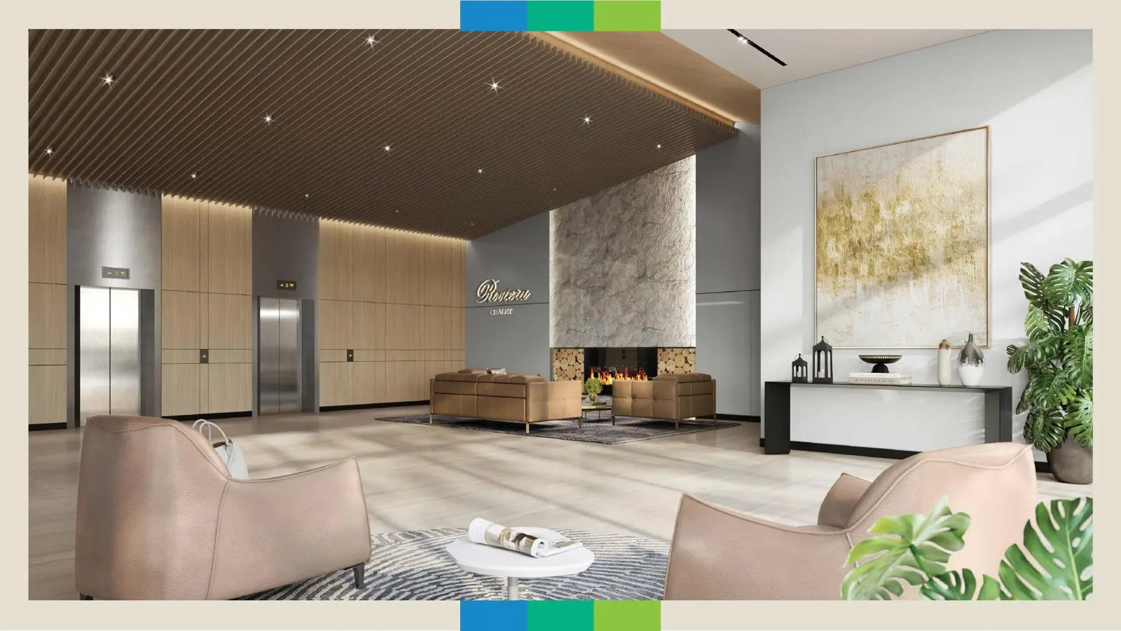 Lobby with wood ceiling, lifts and fireplace
