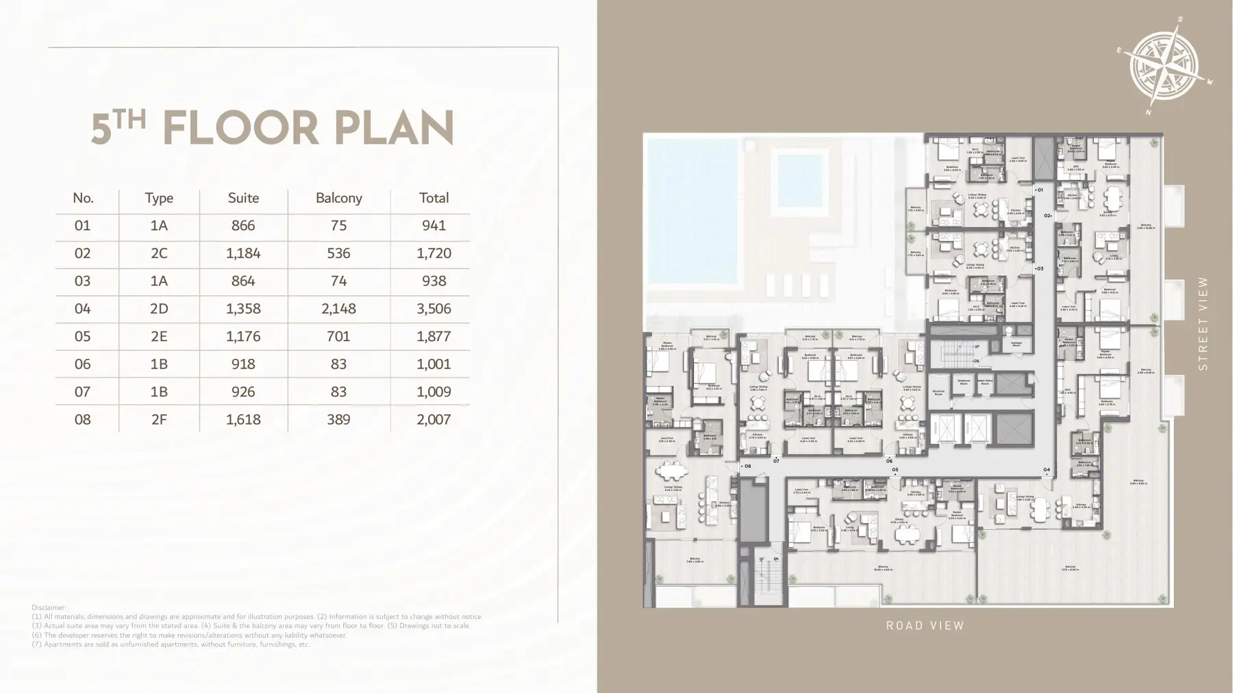 Fifth floor plan with unit table