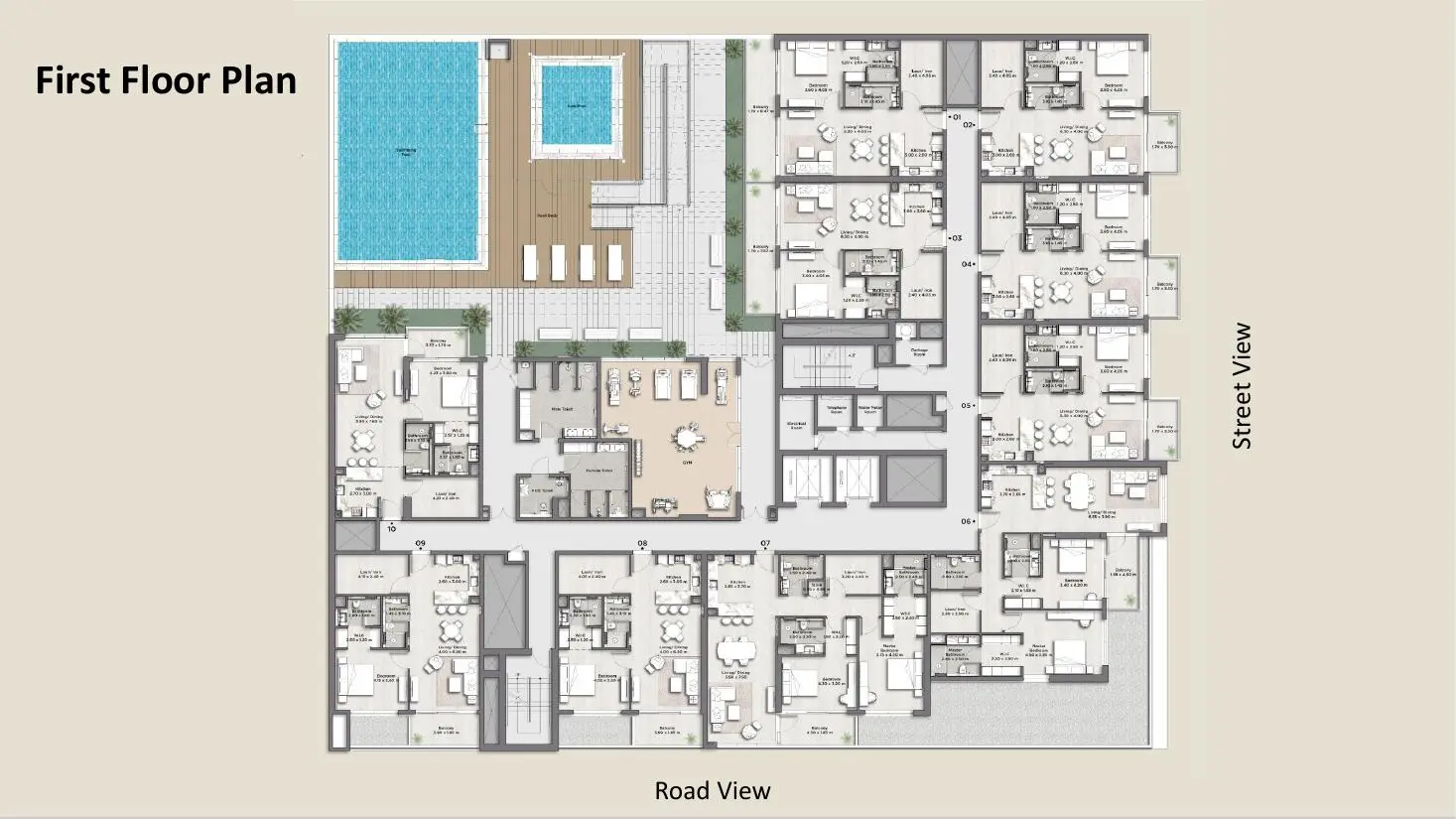 First floor plan with pool deck