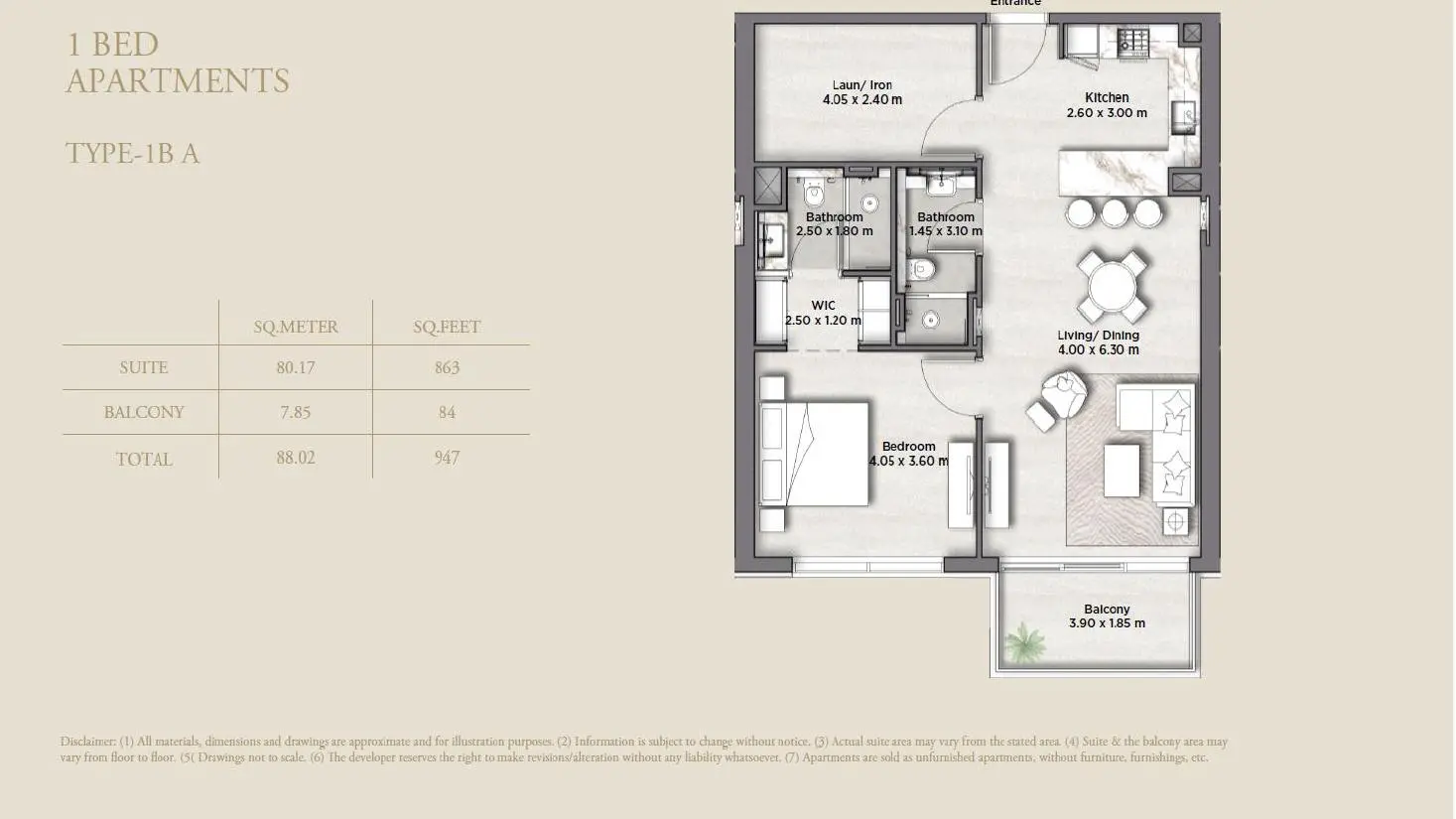 One-bedroom Type 1B A unit plan