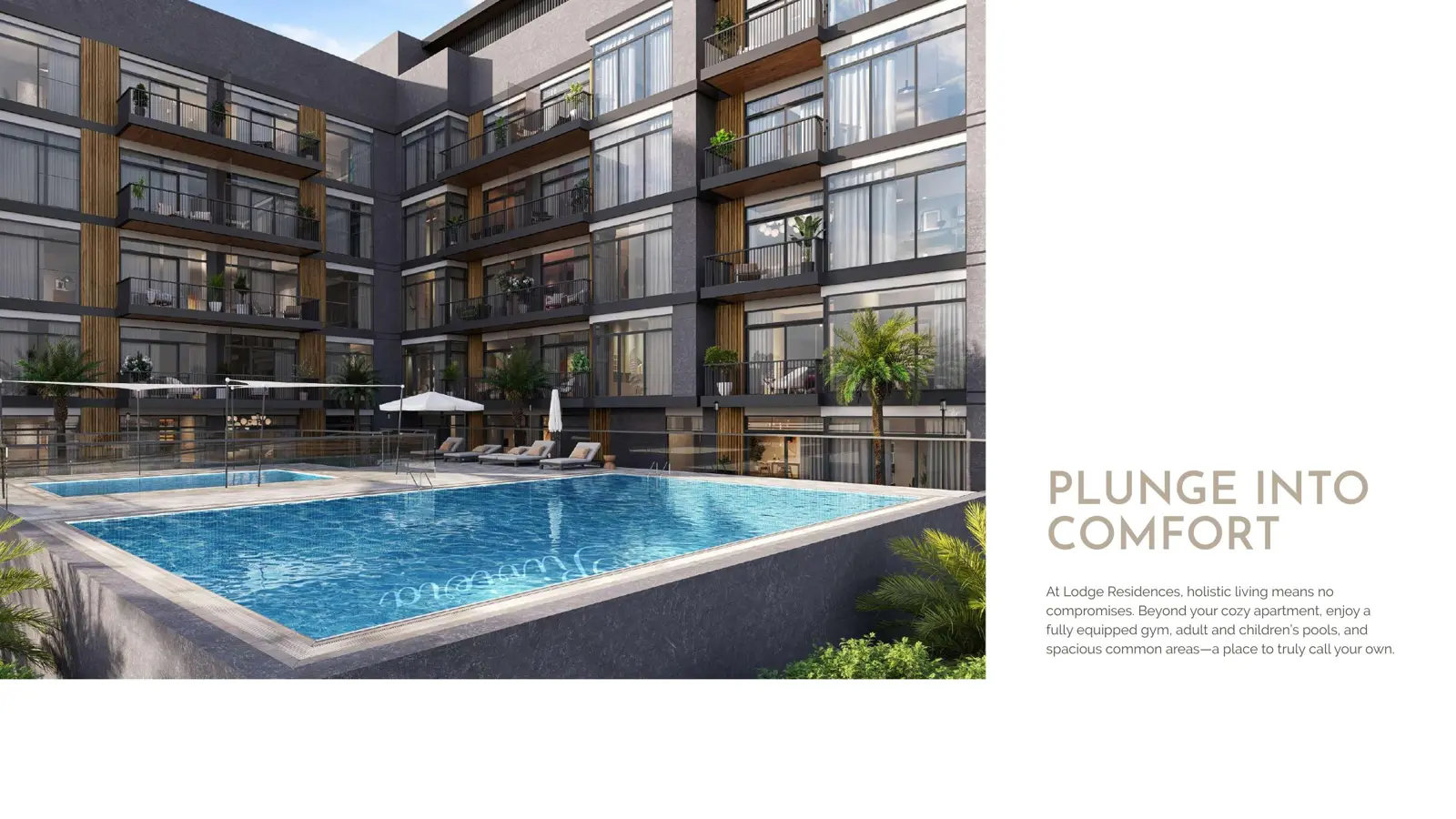 Pool deck with loungers below the apartments