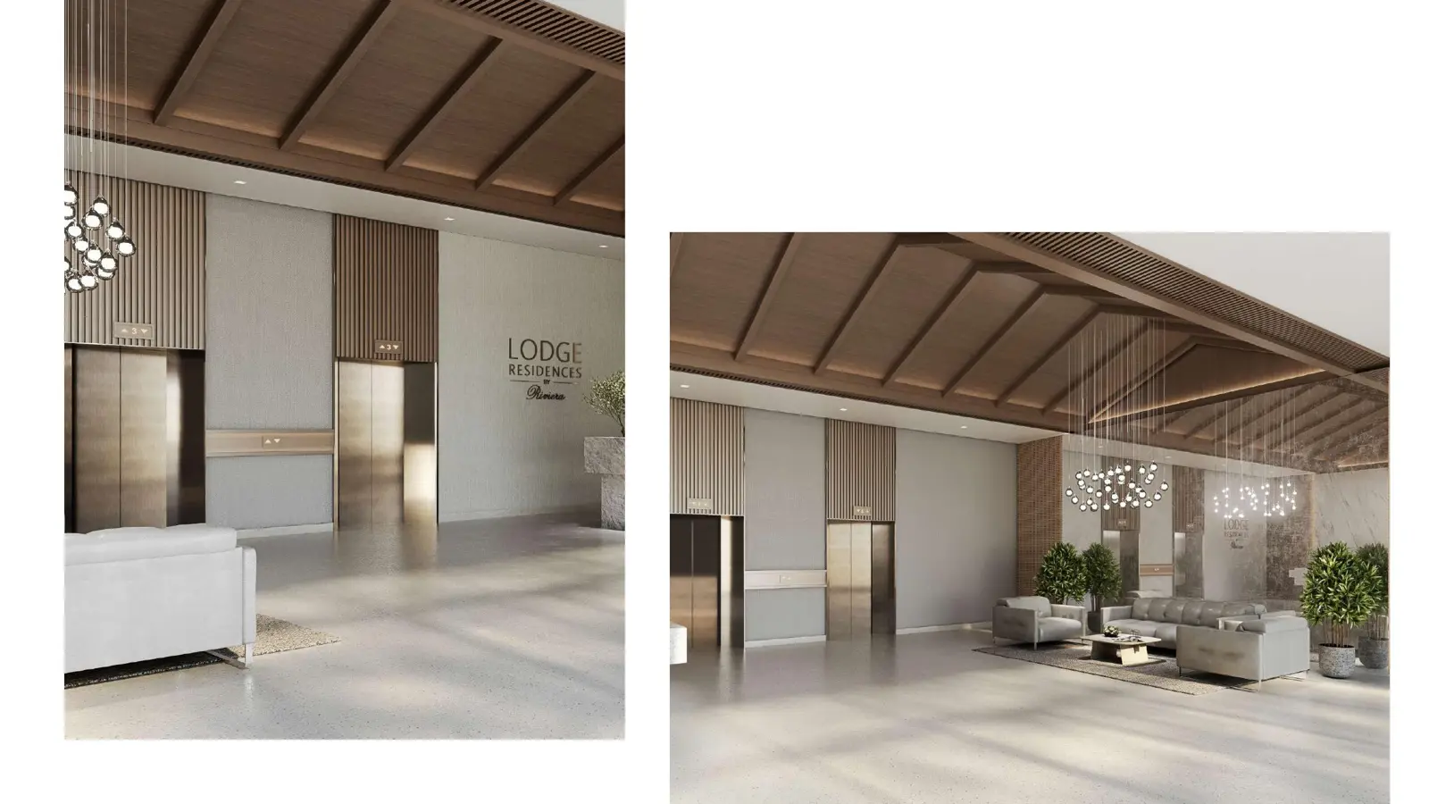 Lobby with timber ceiling and lift area