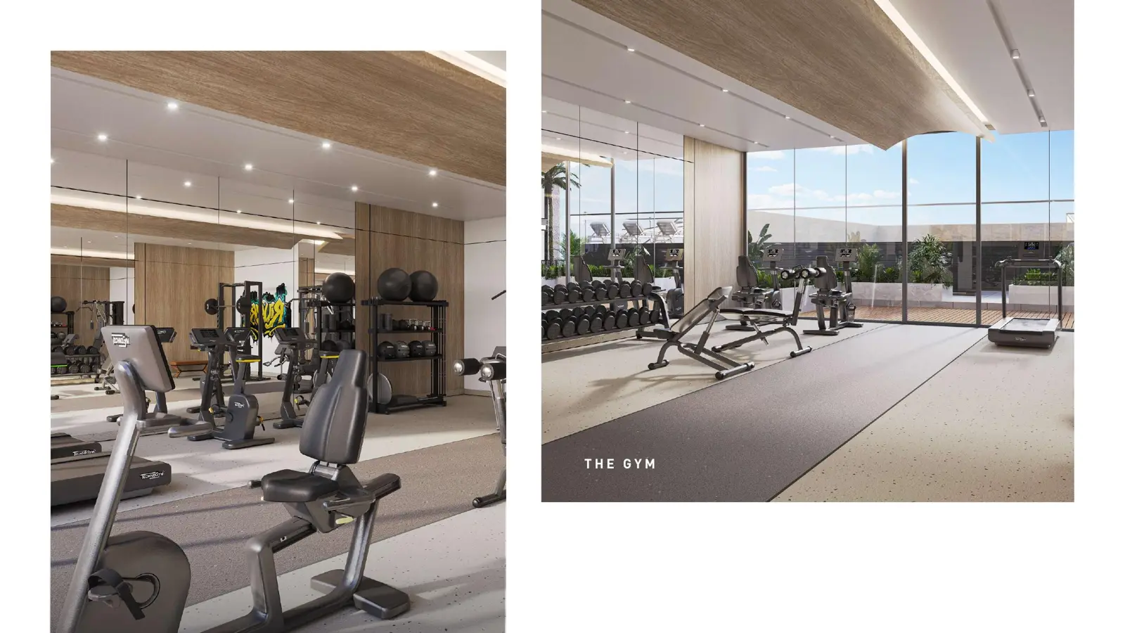 Fully equipped gym with floor-to-ceiling windows