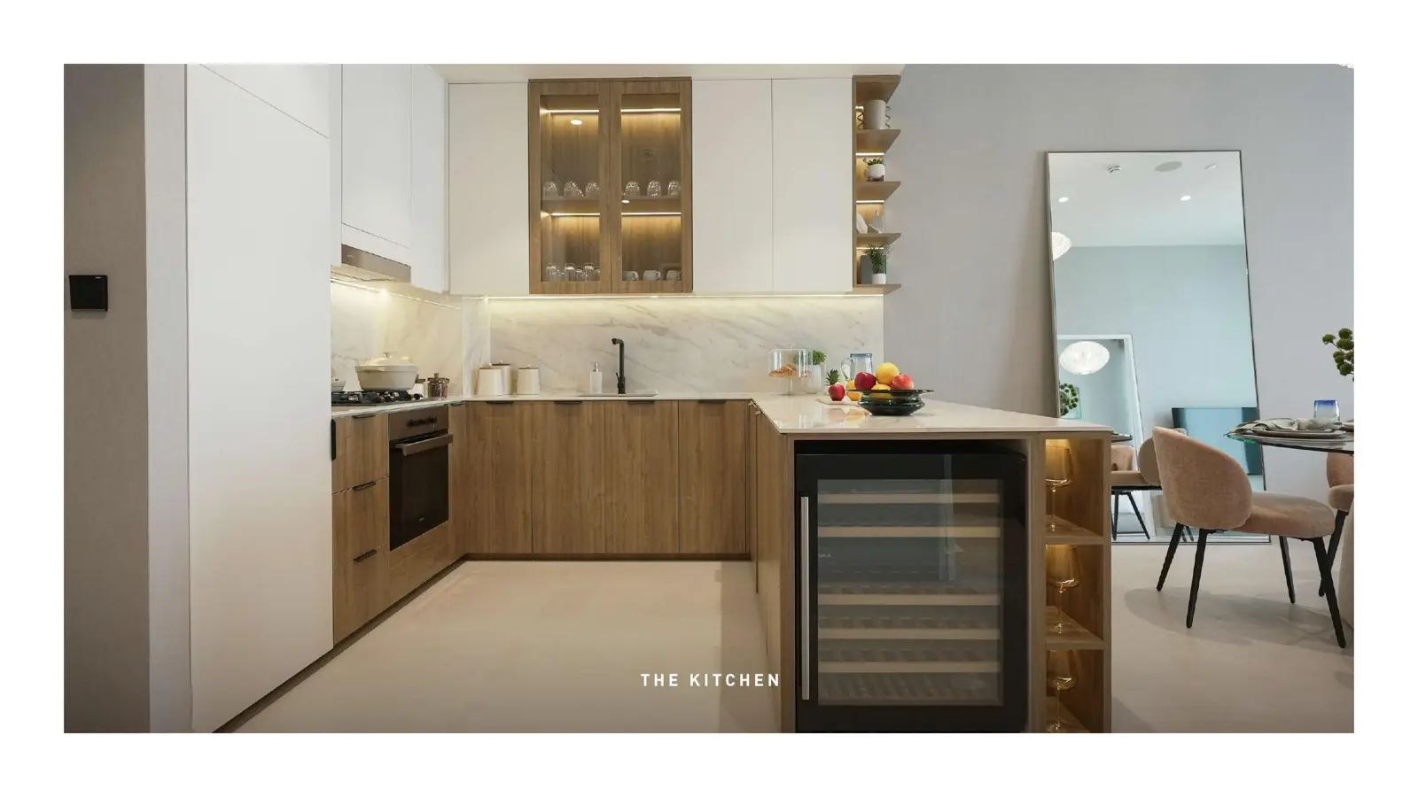 Kitchen with wine cooler and wood cabinets