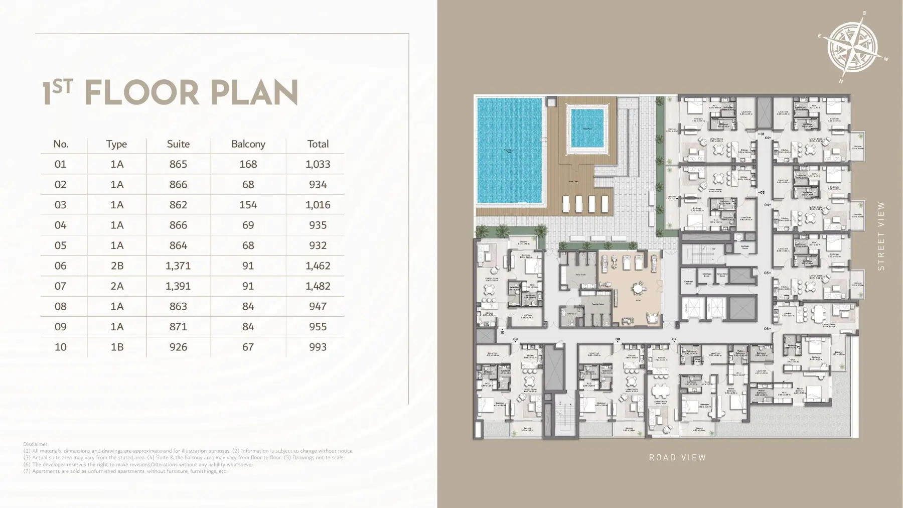 First floor plan with pool deck and unit table