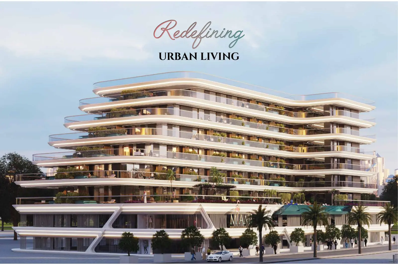 Curved white tiered building, front view