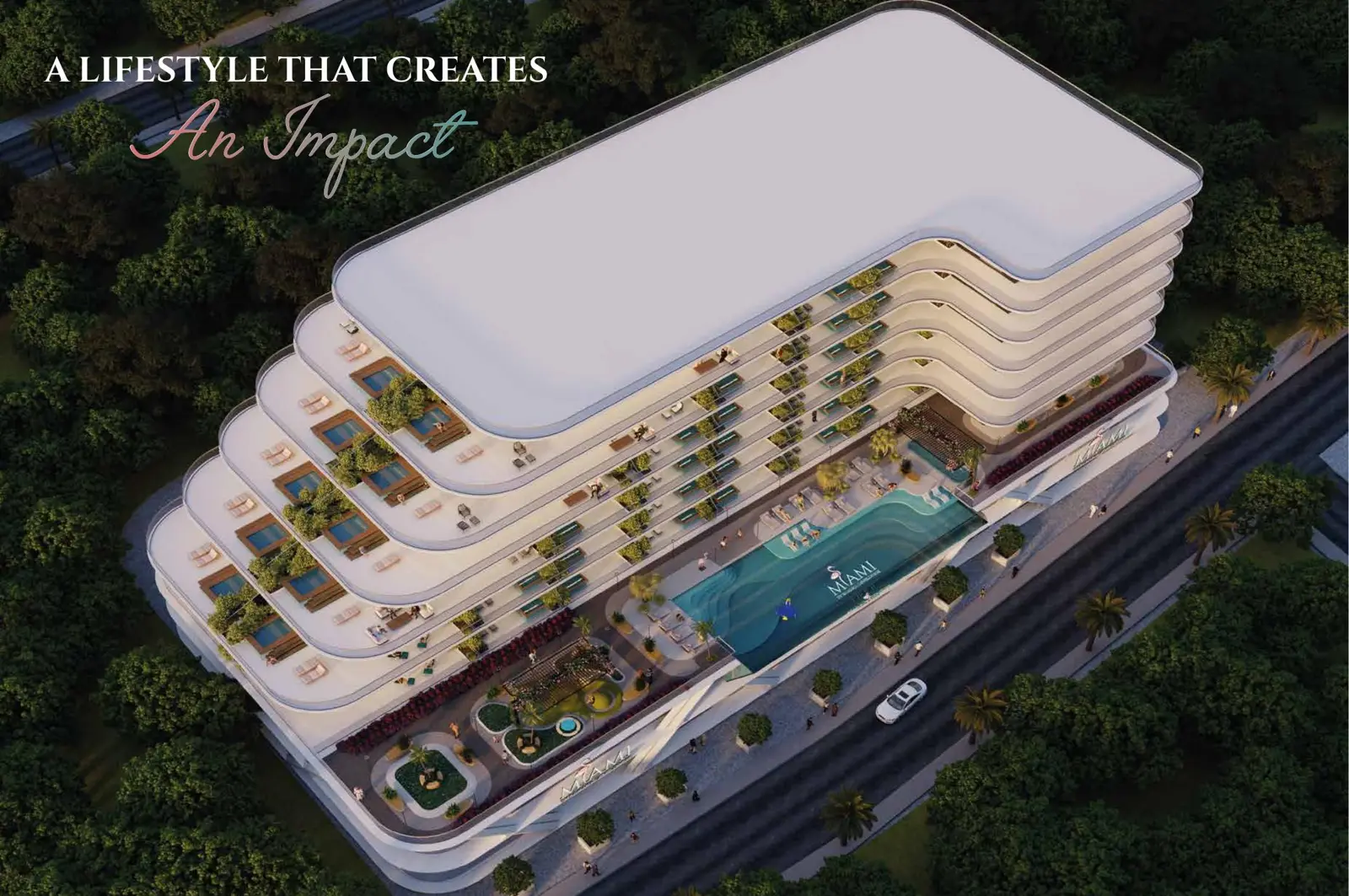 Aerial view of the building and podium pool
