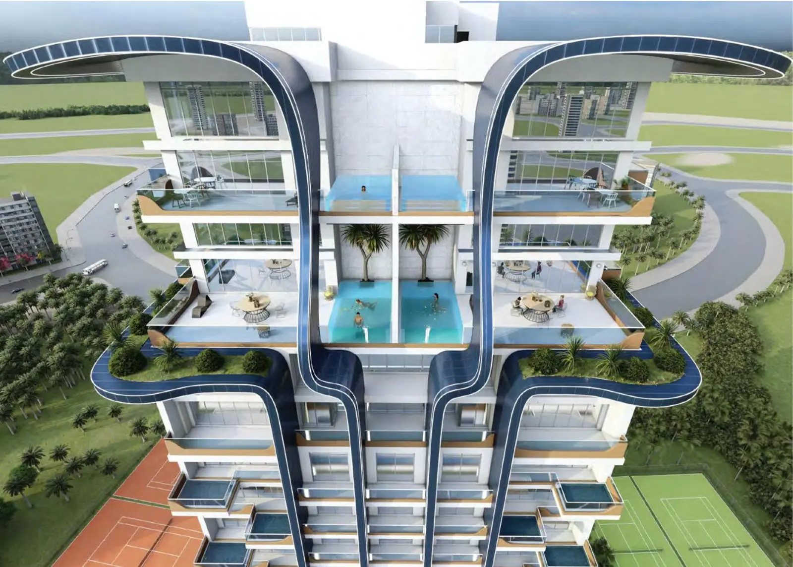 Tower top with private pool terraces and curved frames