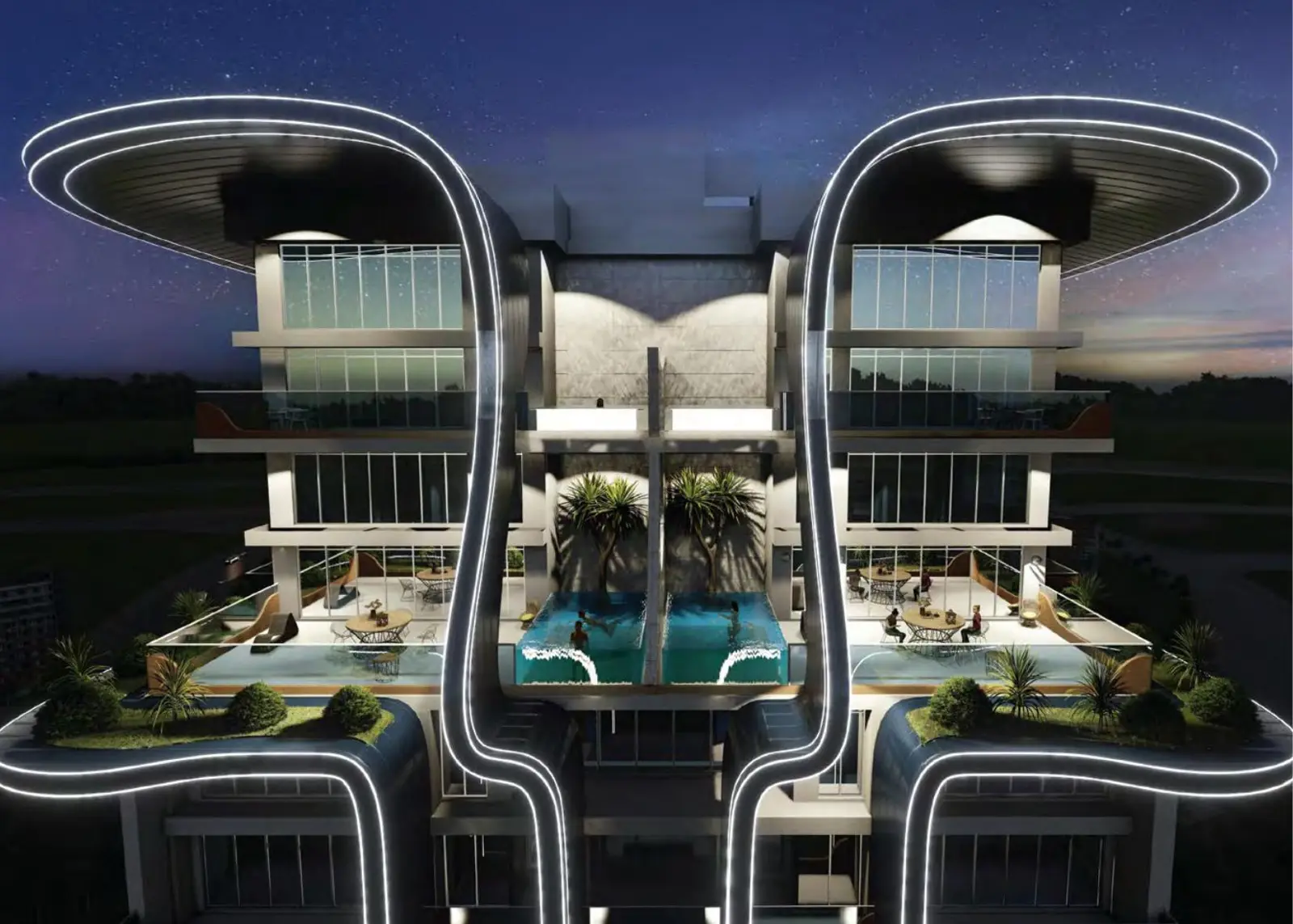 Tower top at night with lit curved outlines