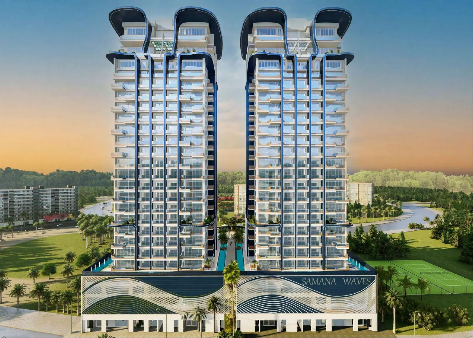 Two towers on a podium with Samana Waves signage