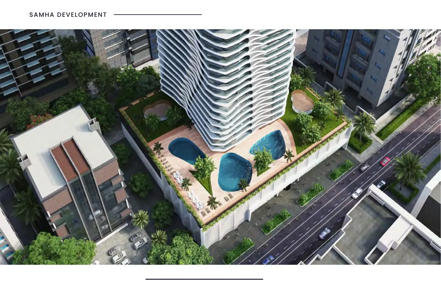 Aerial view of tower and pool podium