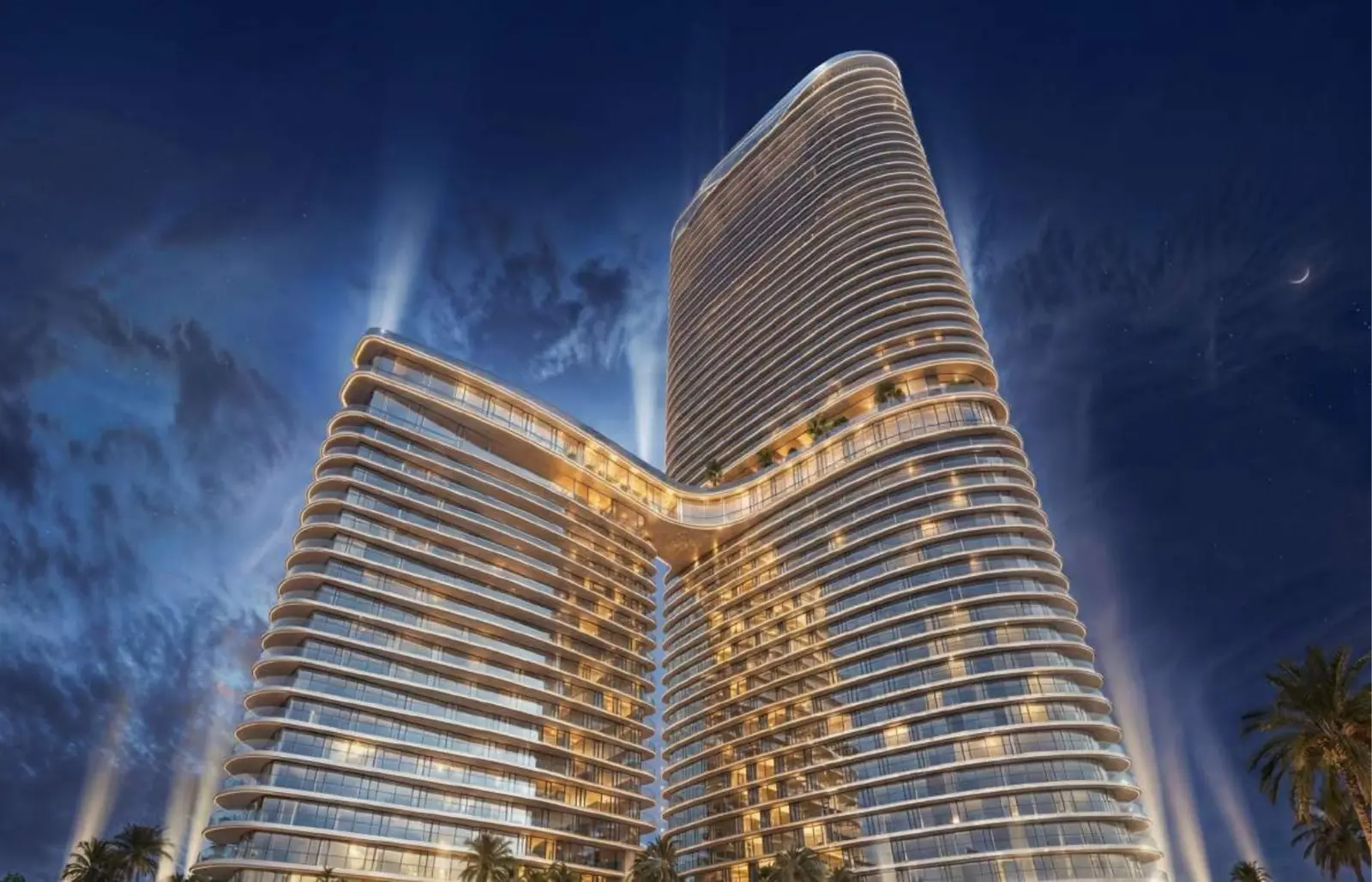 Curved tower facade at dusk with intro text