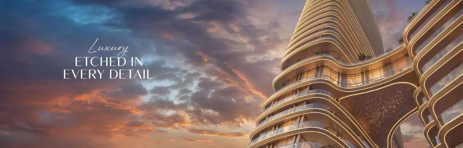 Curved balconies of the tower against evening sky