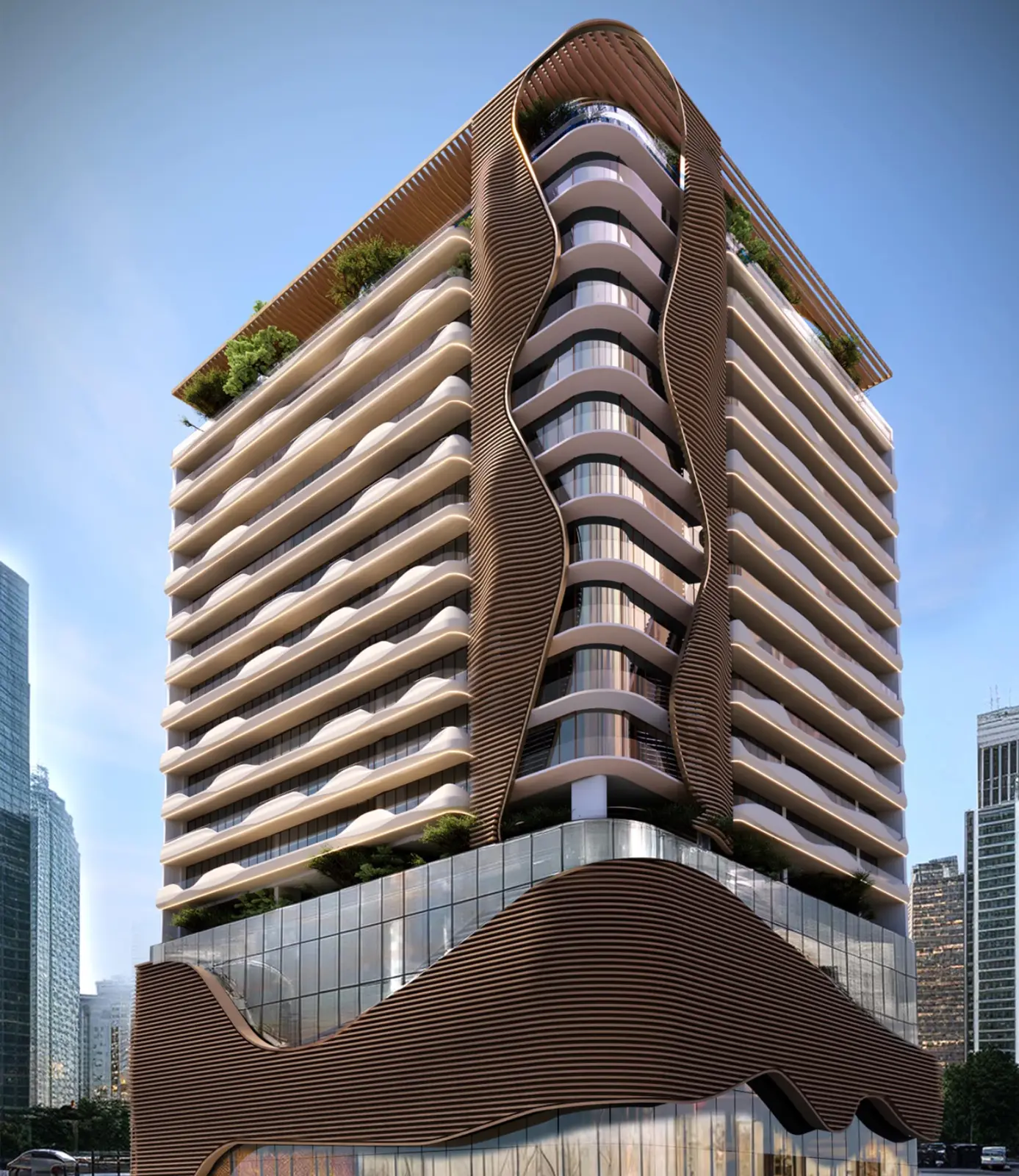 Tower with curved wooden facade bands