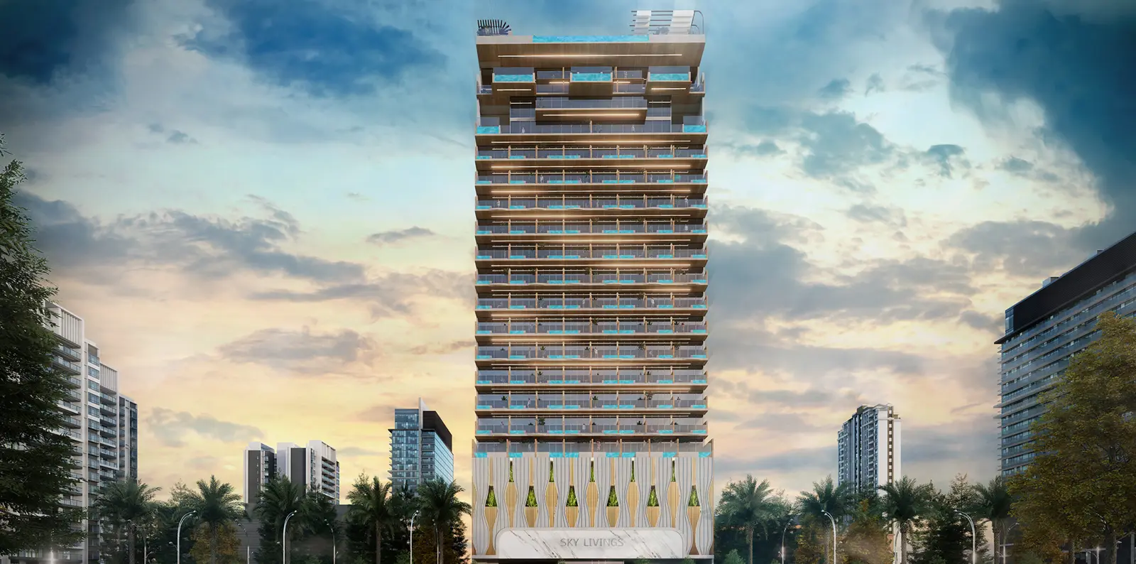 Full tower seen from street level at dusk