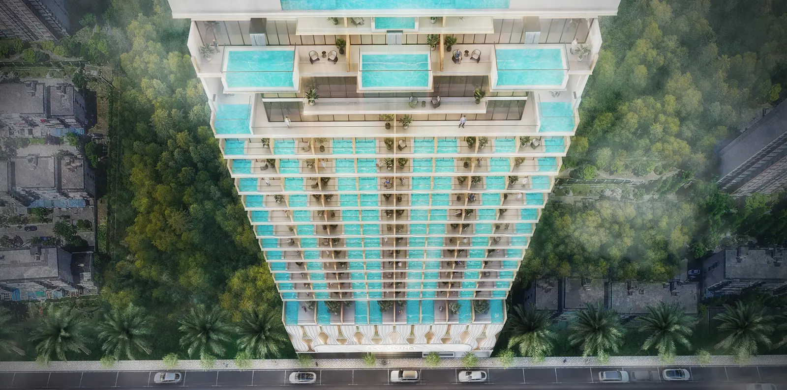 Aerial view of the tower with balcony pools